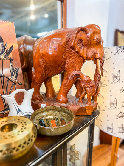 Large Hand-Carved Wooden Elephant and Calf Sculpture