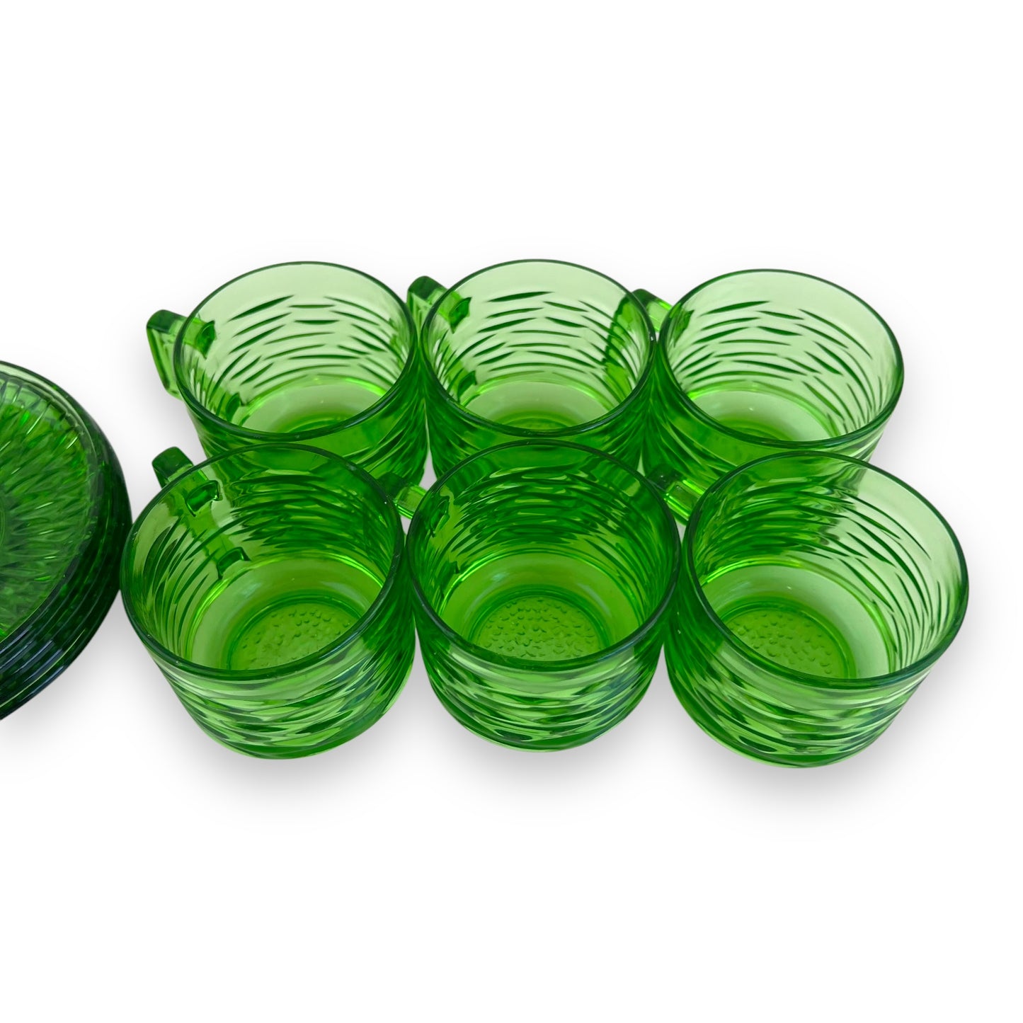 Green glass teacups x6 and 5 matching source plates - made in France