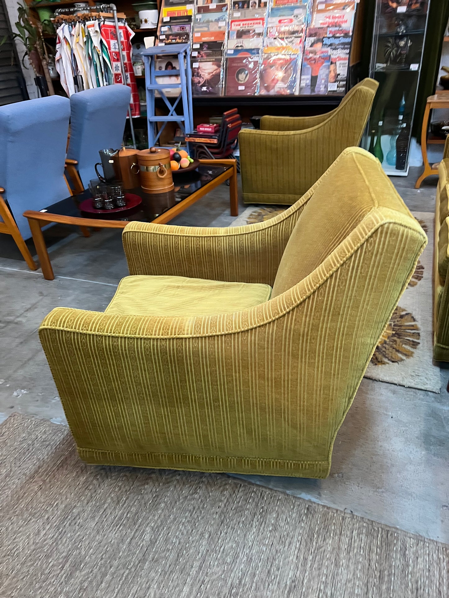 #1 Olive Green Armchair  with stripe patterned upholstery