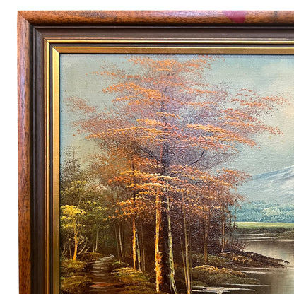 Autumn Forest by the Lake with Snow-Capped Mountains – Signed Reproduction by R. Pakins