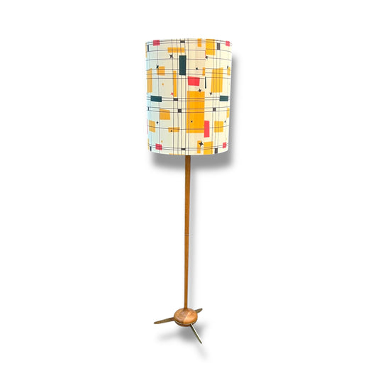 Mid-Century Modern Floor Lamp — Teak & Brass Tripod Base with Retro Atomic Geometric Shade