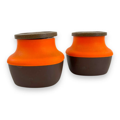 Orange and Brown Plastic Storage Canisters with suction wood look lids