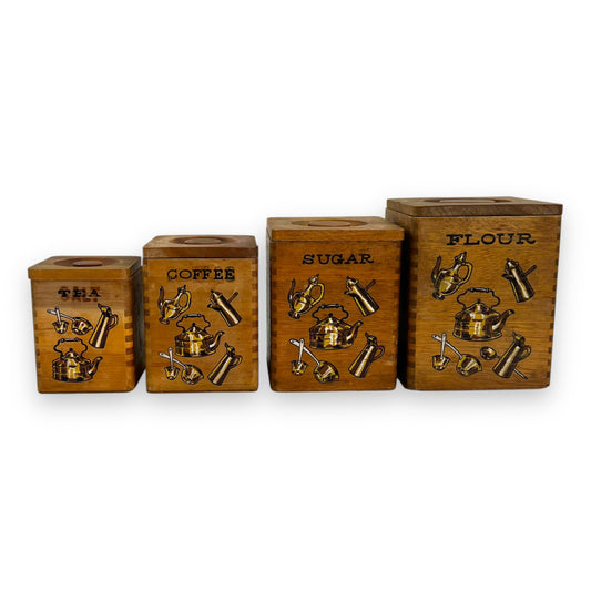 Wooden Kitchen Canister Set - Tea, Coffee, Sugar, Flour