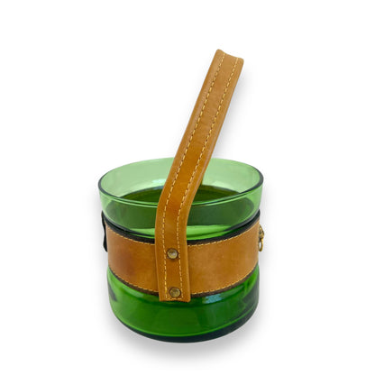 Green Glass Ice Bucket with Leather Lionhead Strap