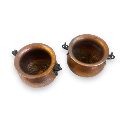Hammered Copper Pair of Pots with Wrought Iron Handles