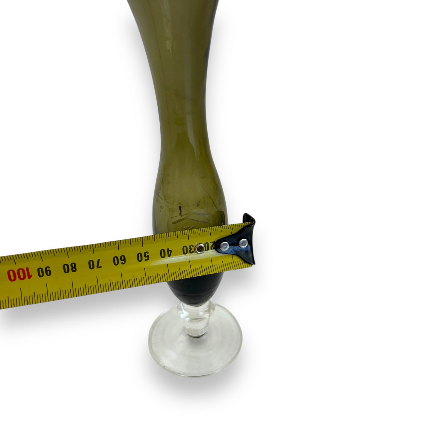 Smoked Glass Bud Vase – Handblown Olive Green Etched Glass Vase with Clear Stem