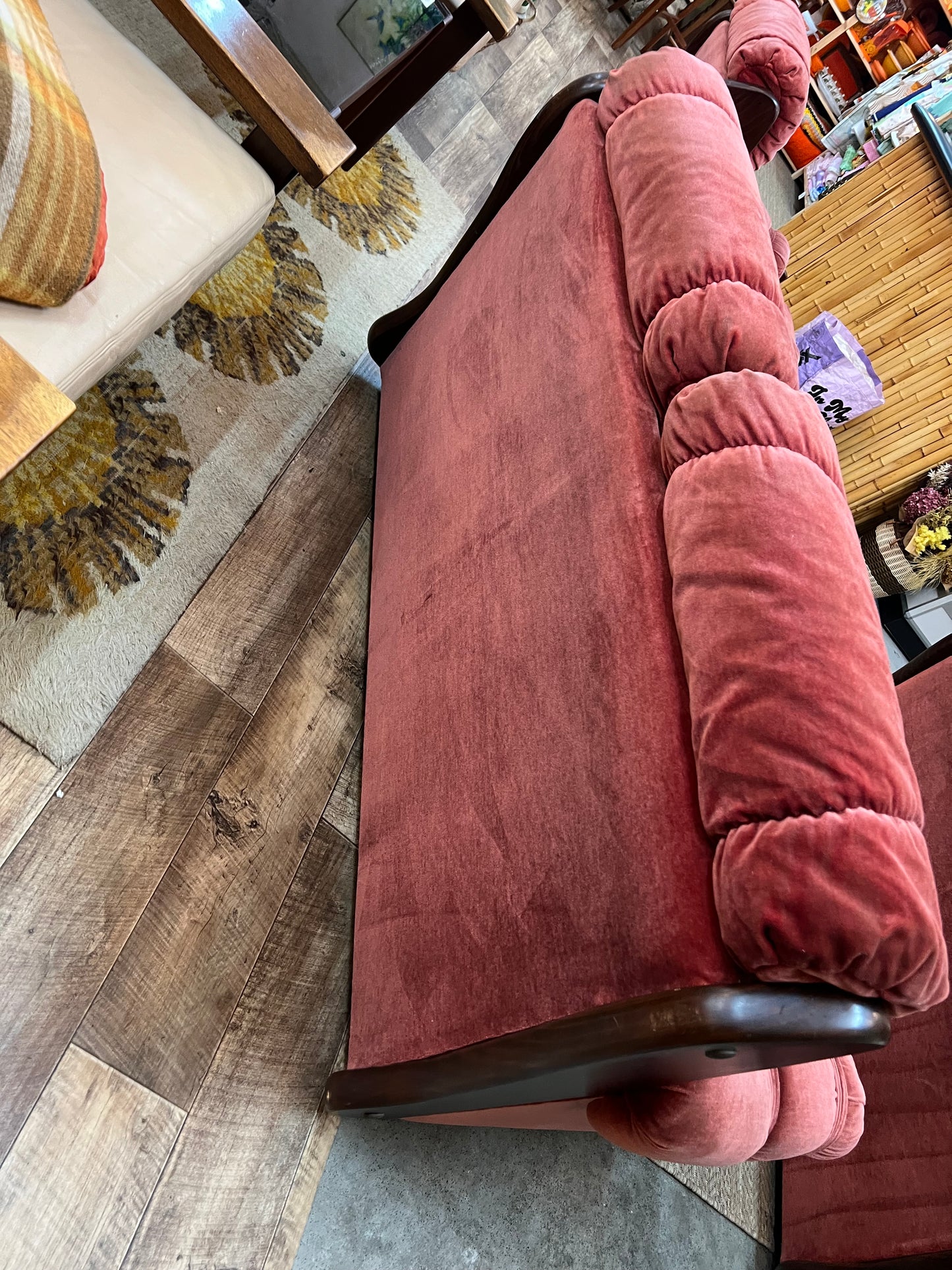#1 Pink Velvet 2 Seater Lounge with Timber Frame