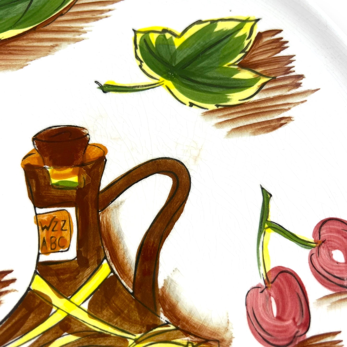 Handpainted food platter with bottle, cherrie, fruit & leaves