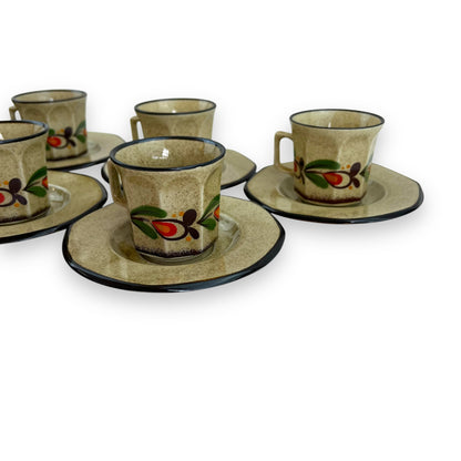 Italian Pottery Tea Set - 7 Cups and Saucers with Hand-Painted Fruit Design