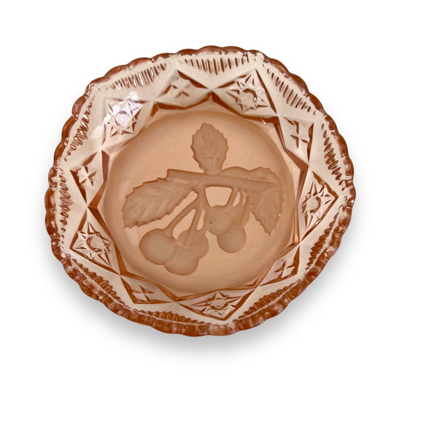 Pink Depression Glass Dish – Etched Cherry Motif Trinket Bowl