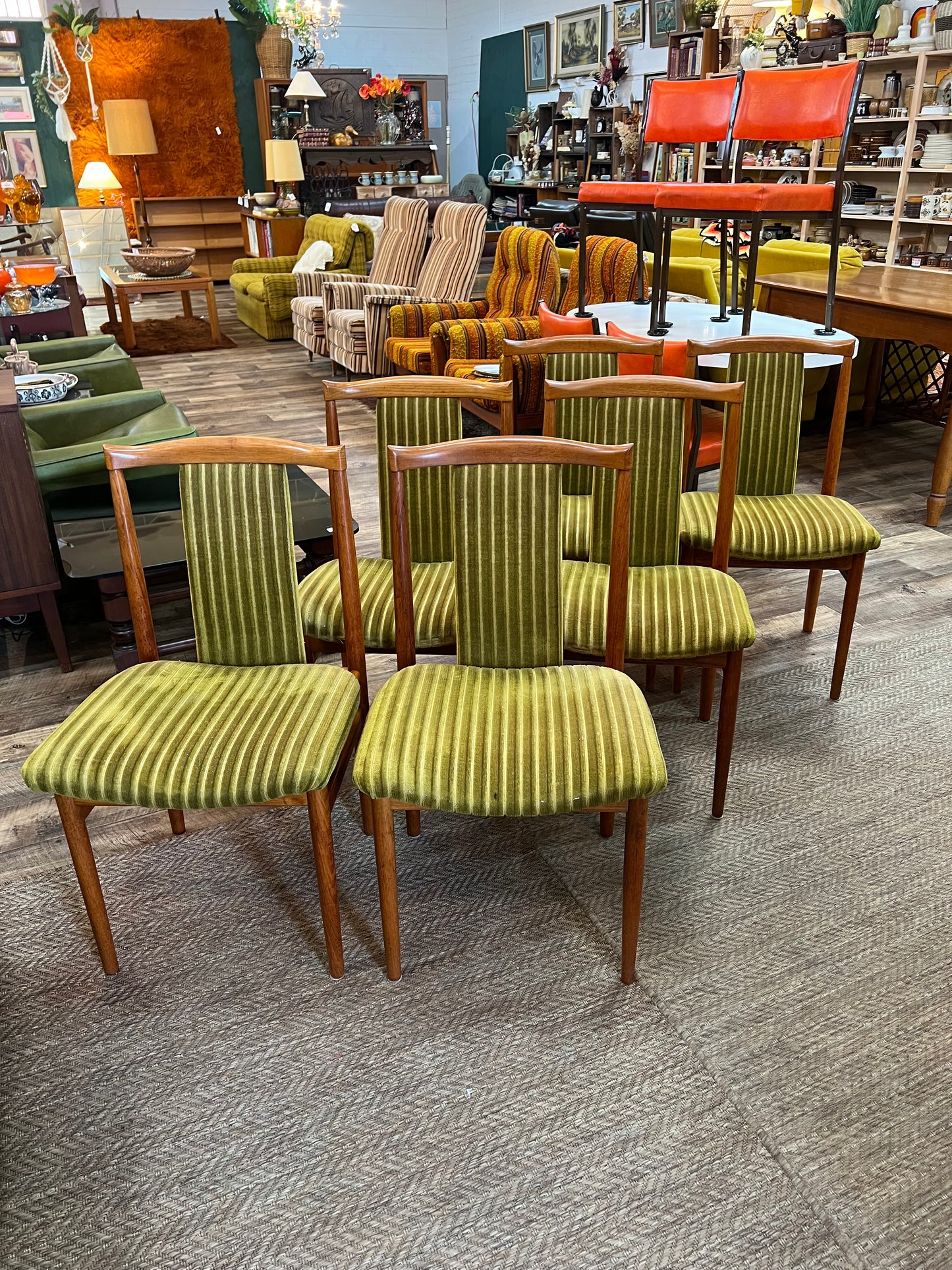 Set of 6 Vintage Burgess Dining Chairs | Mid Century Timber & Green Velvet