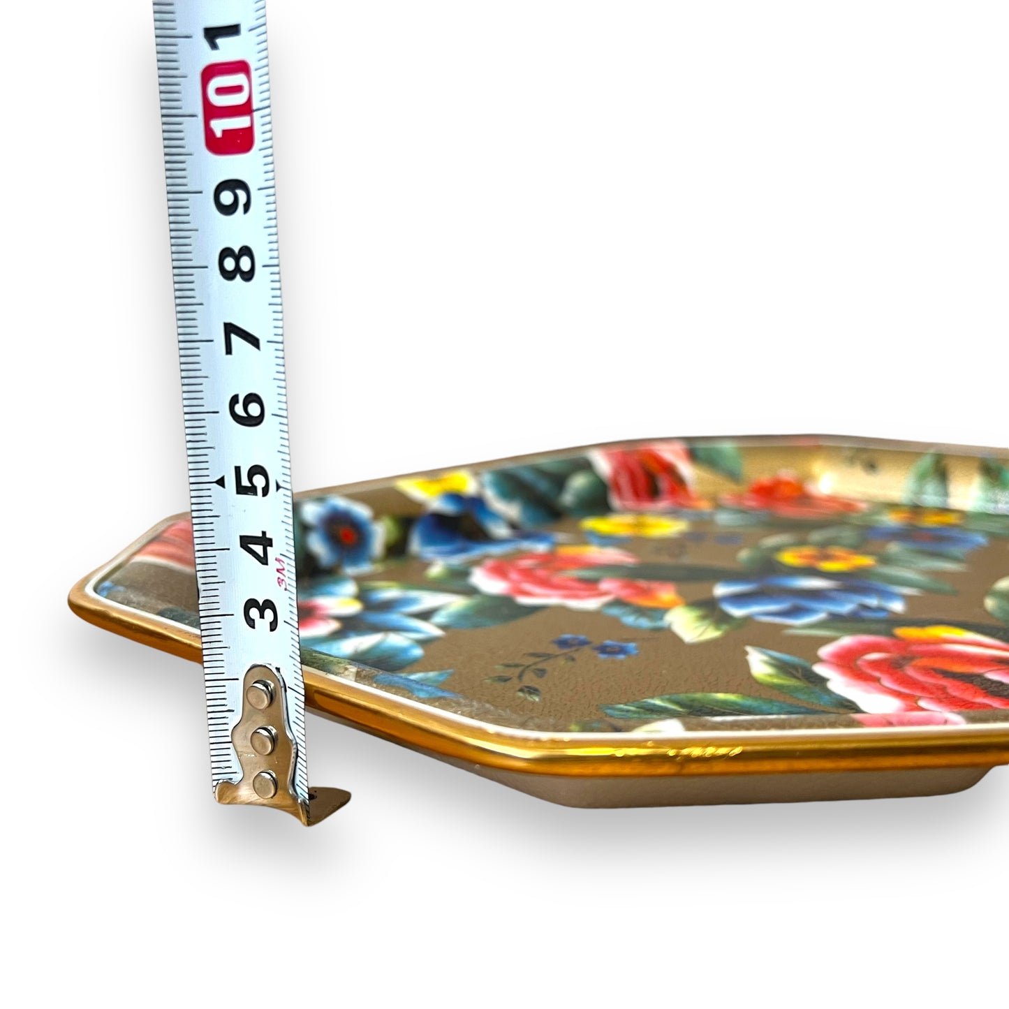 Floral Gold-Toned Metal Serving Tray - Vibrant Flower Pattern, Octagonal Shape
