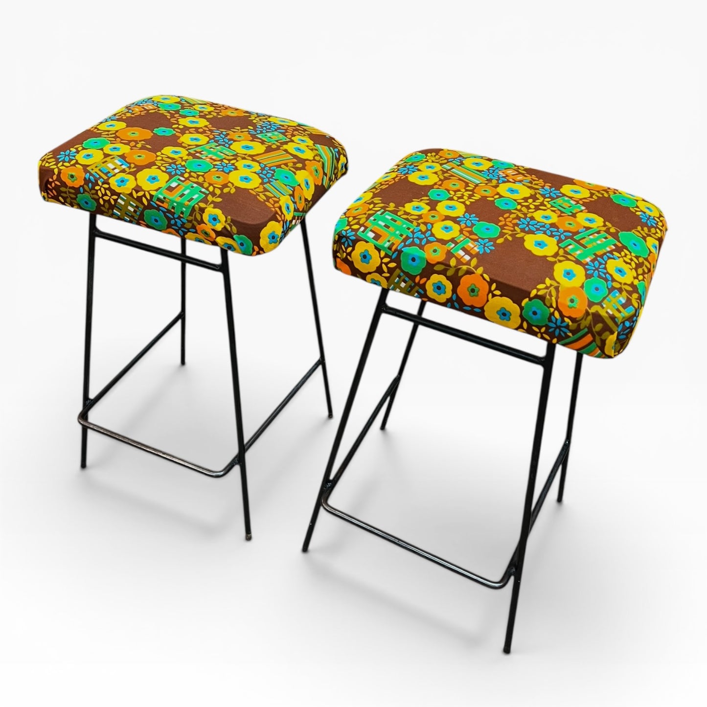 Retro flower pattern pair of stools black steel legs