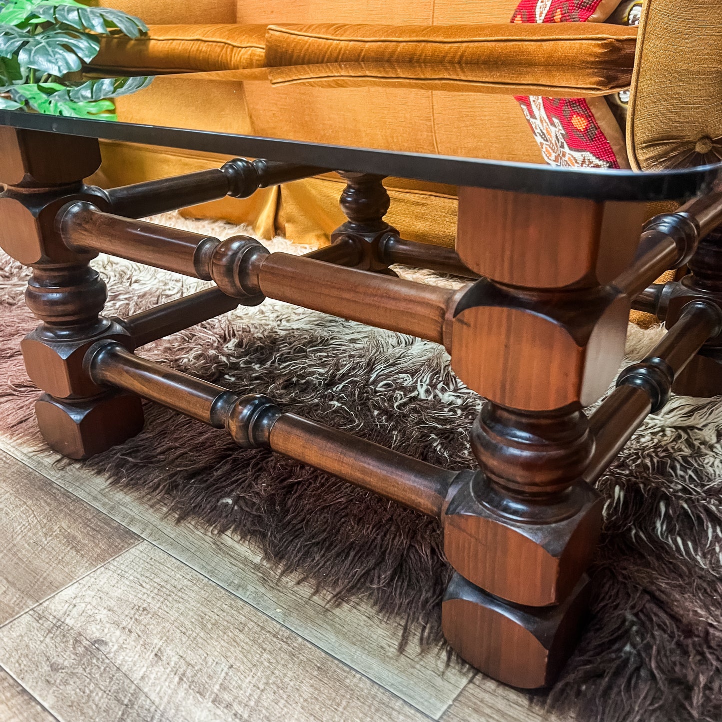 Solid Timber & Smoked Glass Coffee Table – Chunky Sculptural Base