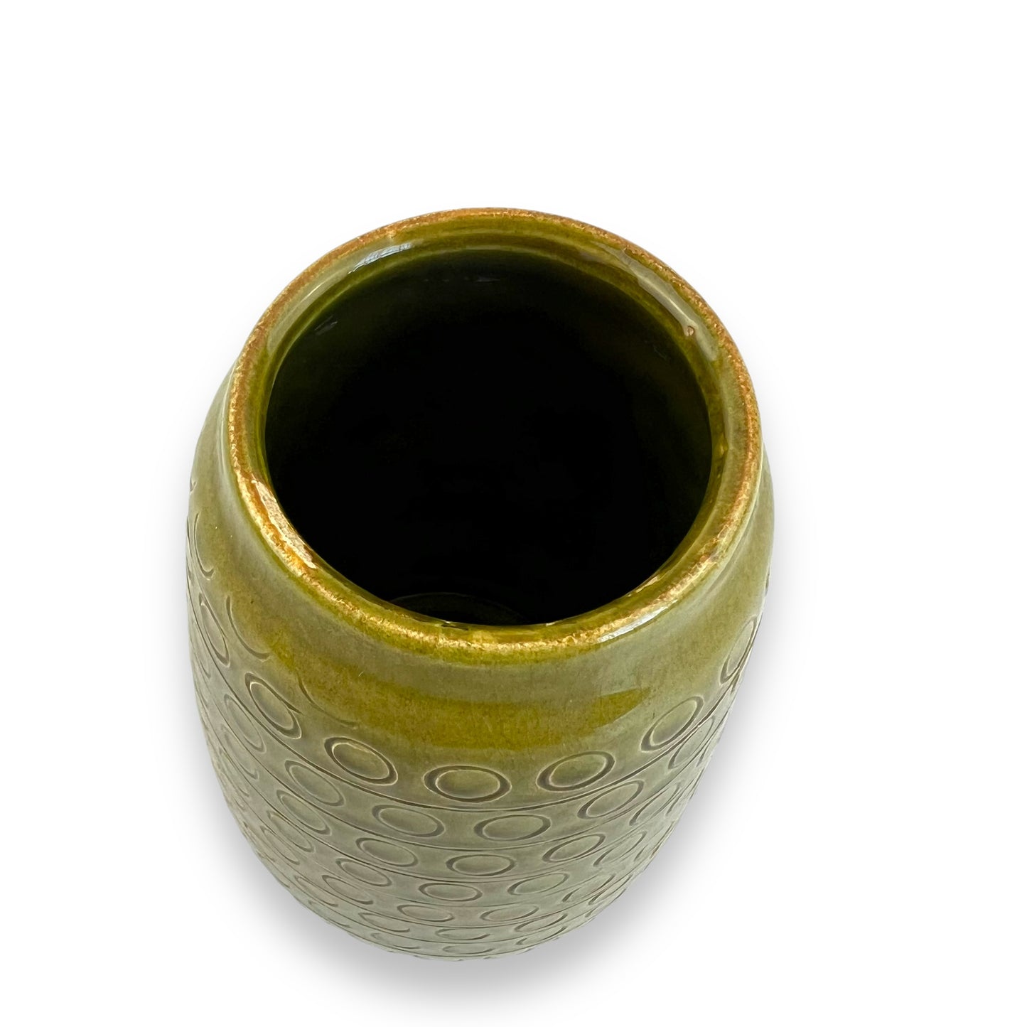 West German Pottery Vase - Stamped 657-14, Olive Green with Embossed Circle Design