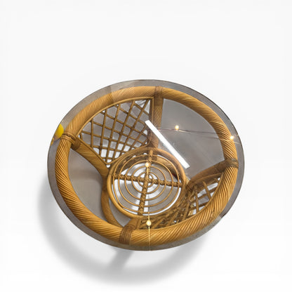 Cane Side Table with Round Glass Top & Sculptural Base