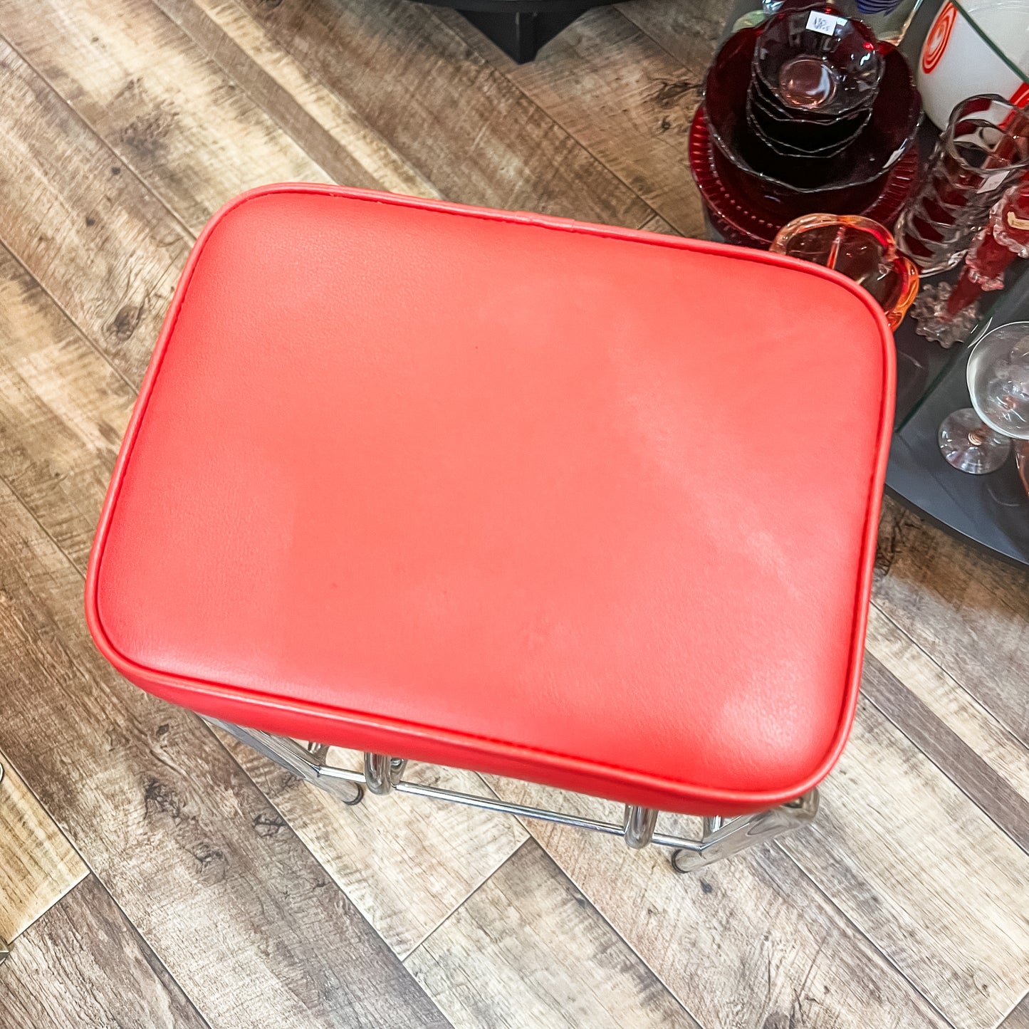 Chrome Kitchen Step Stool with Red Vinyl Seat