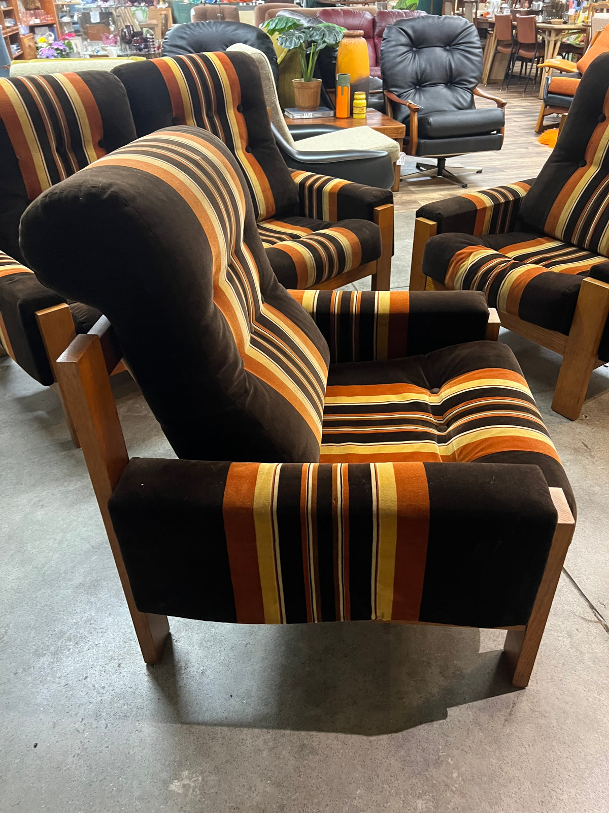 #2 Danish Deluxe Armchair – Original Brown, Orange & Gold Striped Upholstery