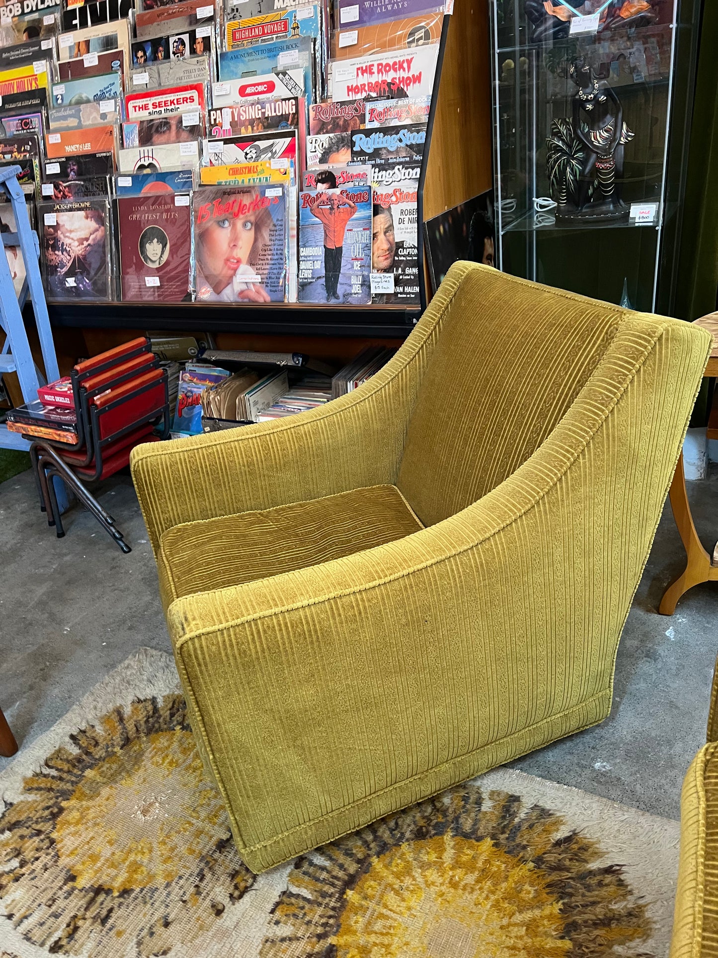 #2 Olive Green Armchair  with stripe patterned upholstery