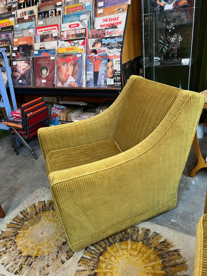 #2 Olive Green Armchair  with stripe patterned upholstery