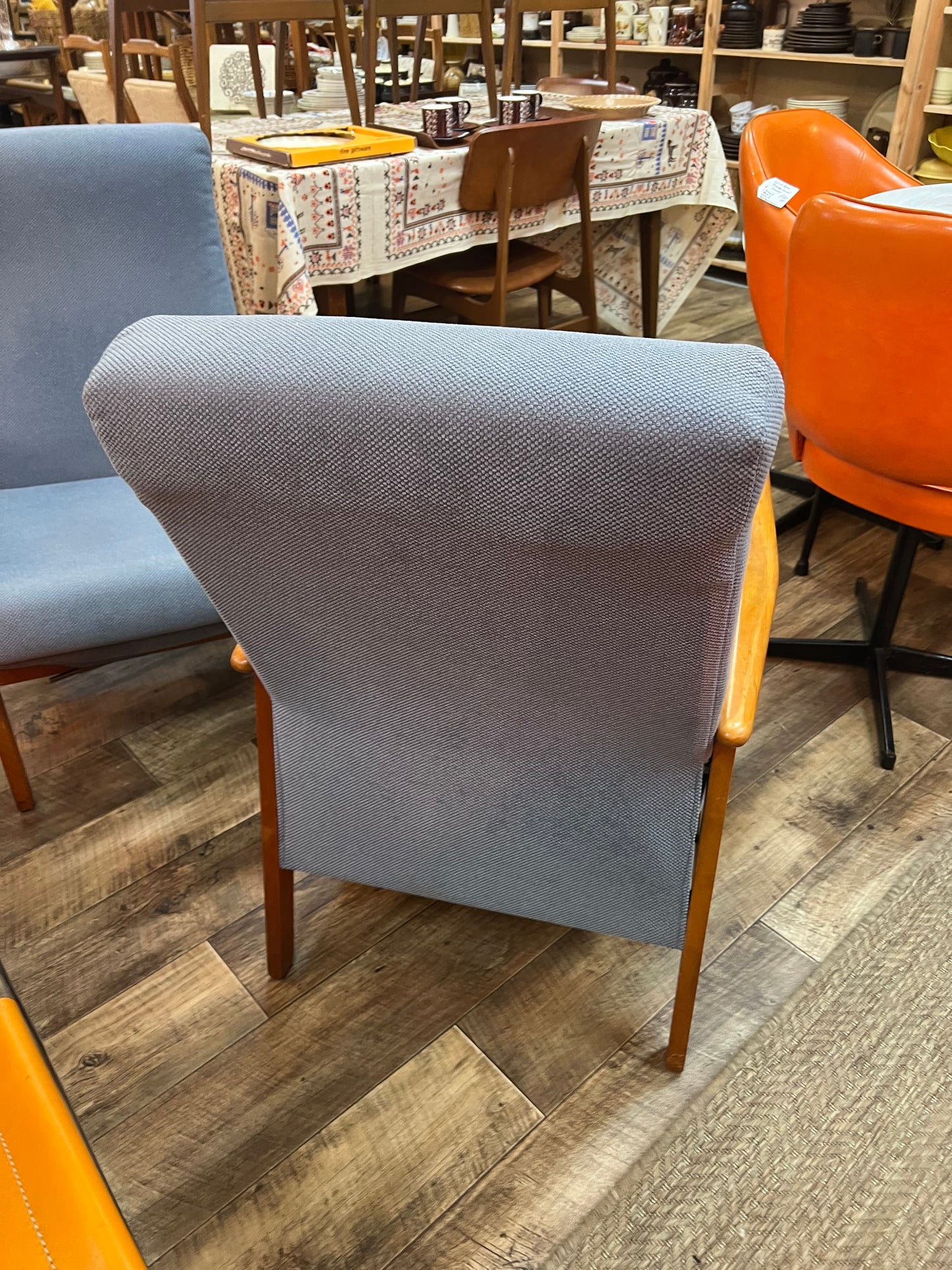 #1 Mid-Century Push-Back Reclining Armchair with Blue Upholstery