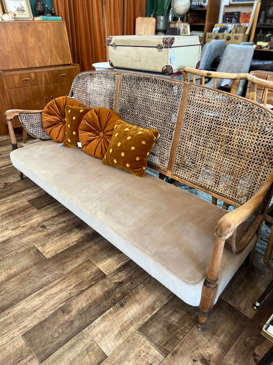 Vintage Cane-Back Lounge with Velvet Seat