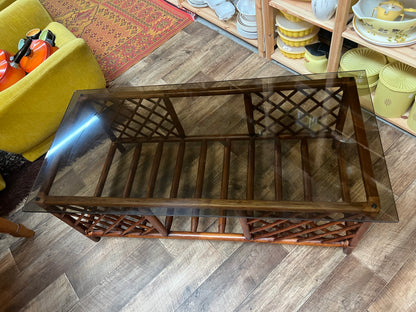 Brown Rattan/Cane Coffee Table with Smoked Glass Top