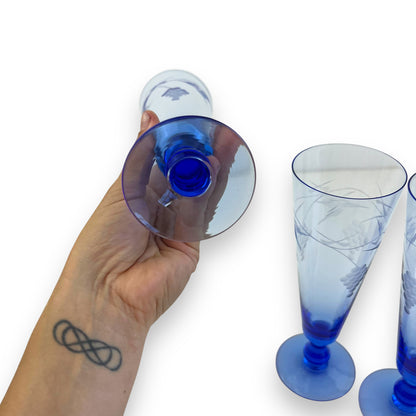 Blue grape etched cocktail flute glass set of 6