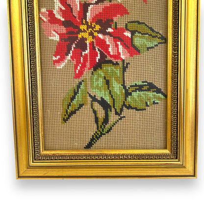 Vintage Needlepoint Art – Red Floral Design in Gold Frame
