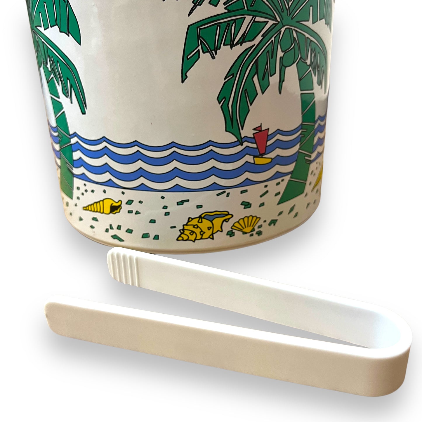 Beach Themed Ice Bucket with Tongs - Palm Trees and Ocean Design