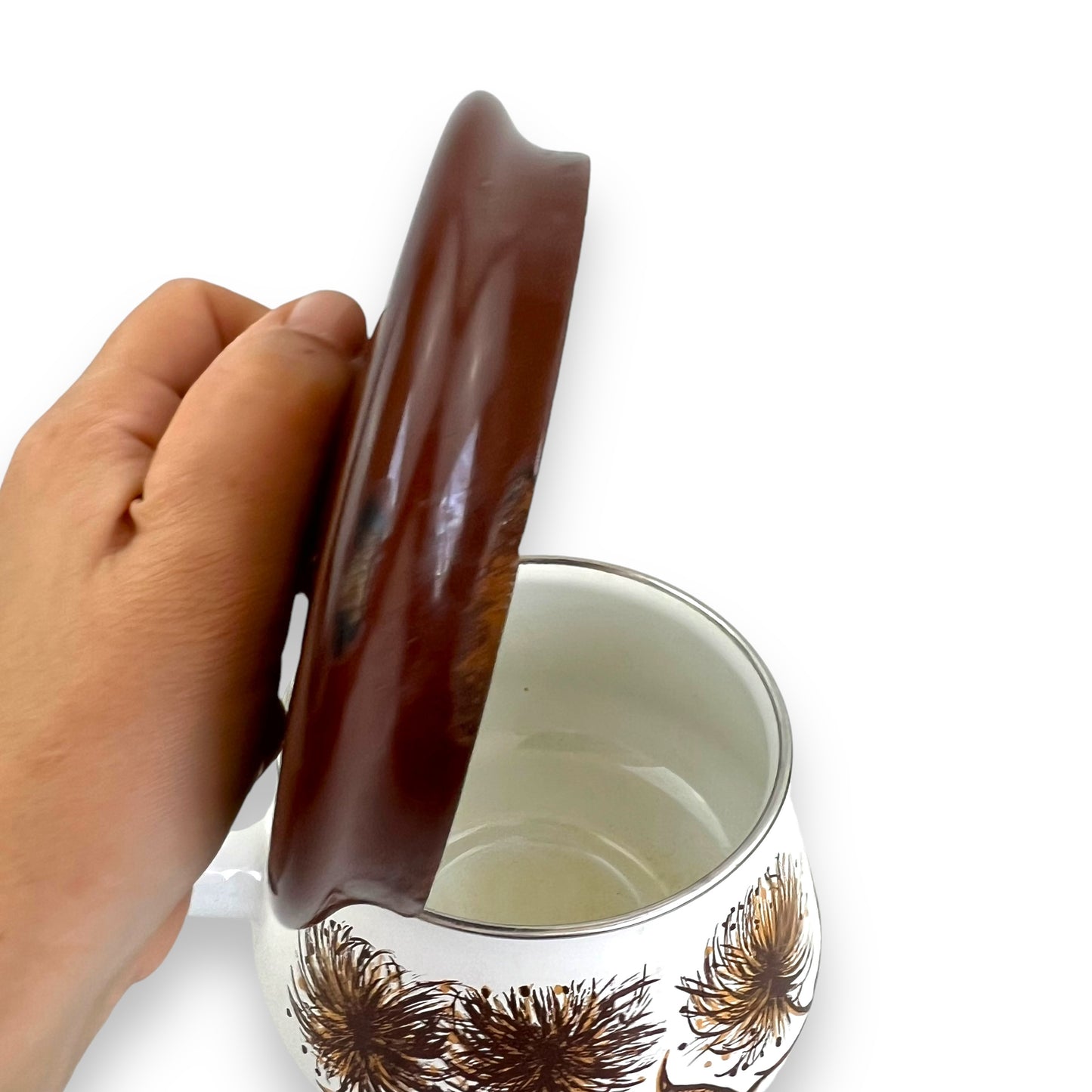 Brown Flower Enamel Fondue Pot with wooden handle