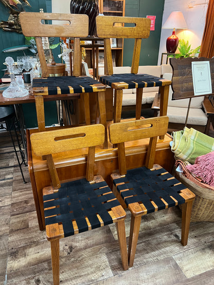 Set of 4 Vintage Timber Dining Chairs with Black Woven Strap Seats