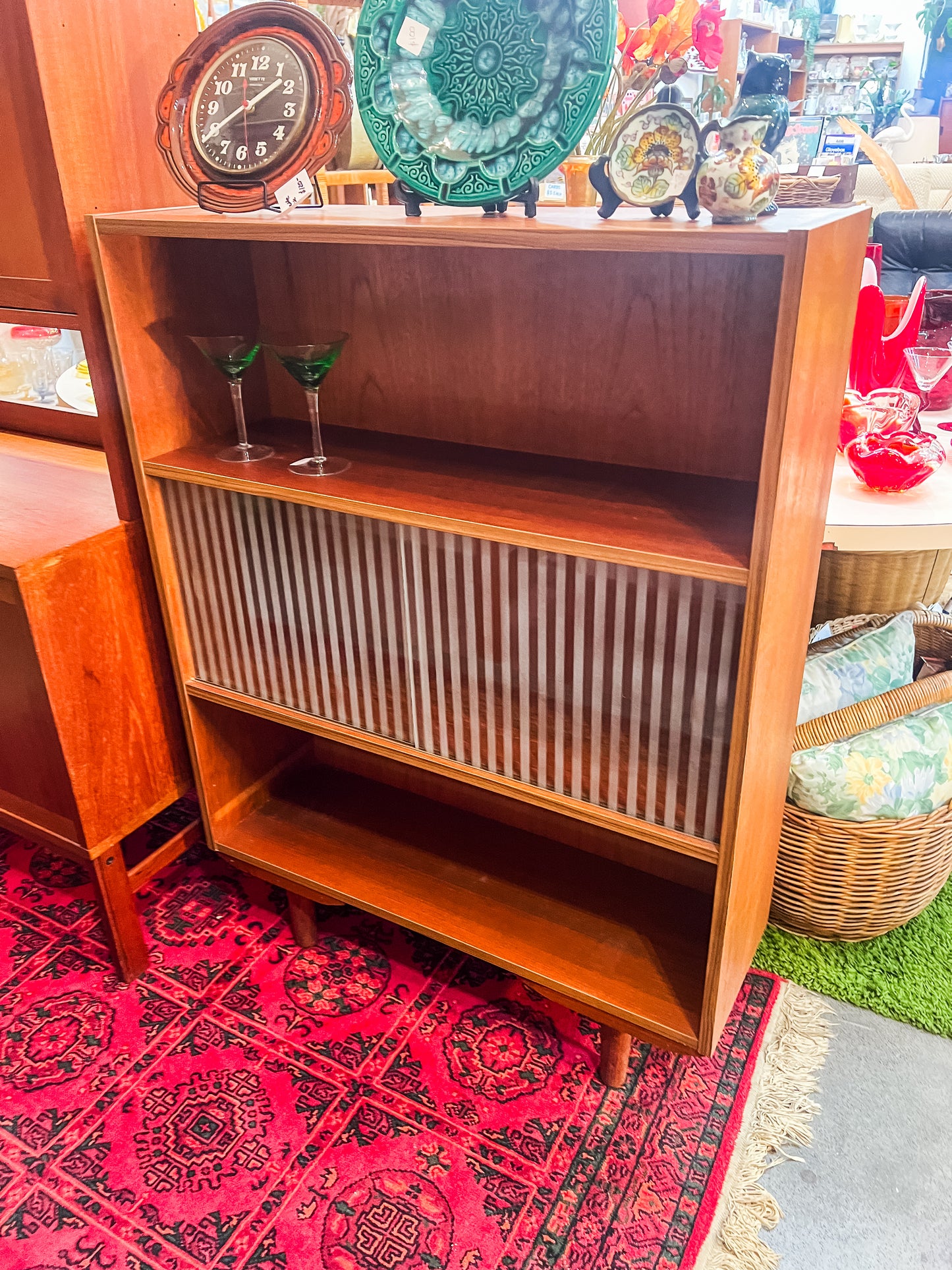 Mid-Century Danish Teak Bookcase with Ribbed Glass Sliding Doors, 1960s