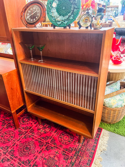 Mid-Century Danish Teak Bookcase with Ribbed Glass Sliding Doors, 1960s