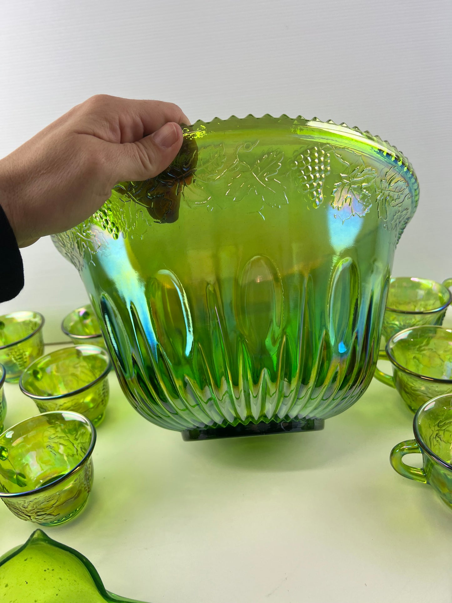 Green Carnival Glass Punch Bowl Set – 12 Cups, Ladle & Hooks