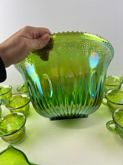 Green Carnival Glass Punch Bowl Set – 12 Cups, Ladle & Hooks