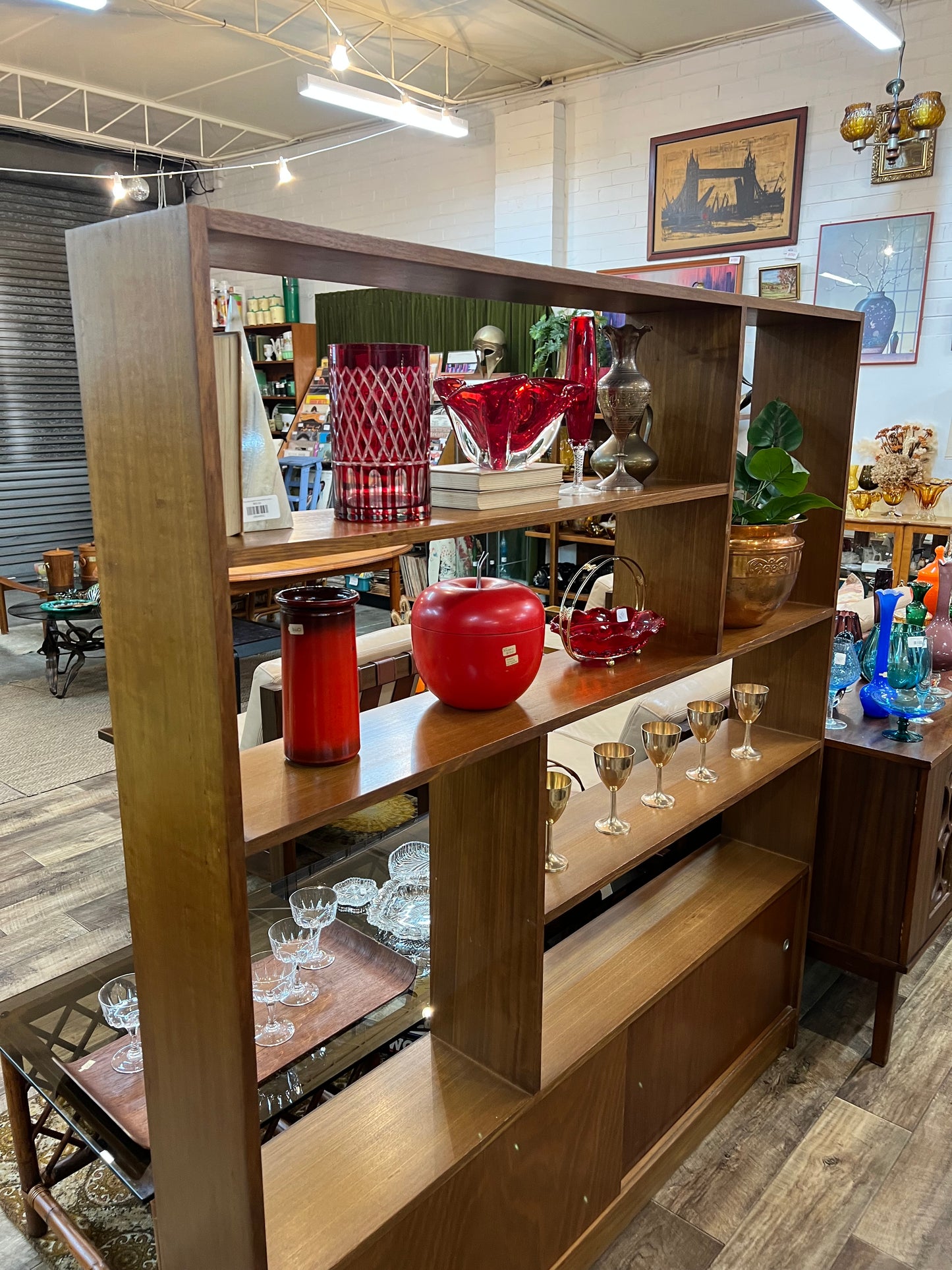 Mid-Century Modern Room Divider Bookcase with Sliding Door Storage