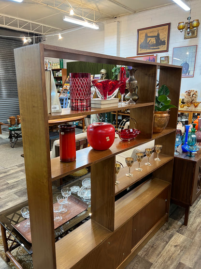 Mid-Century Modern Room Divider Bookcase with Sliding Door Storage