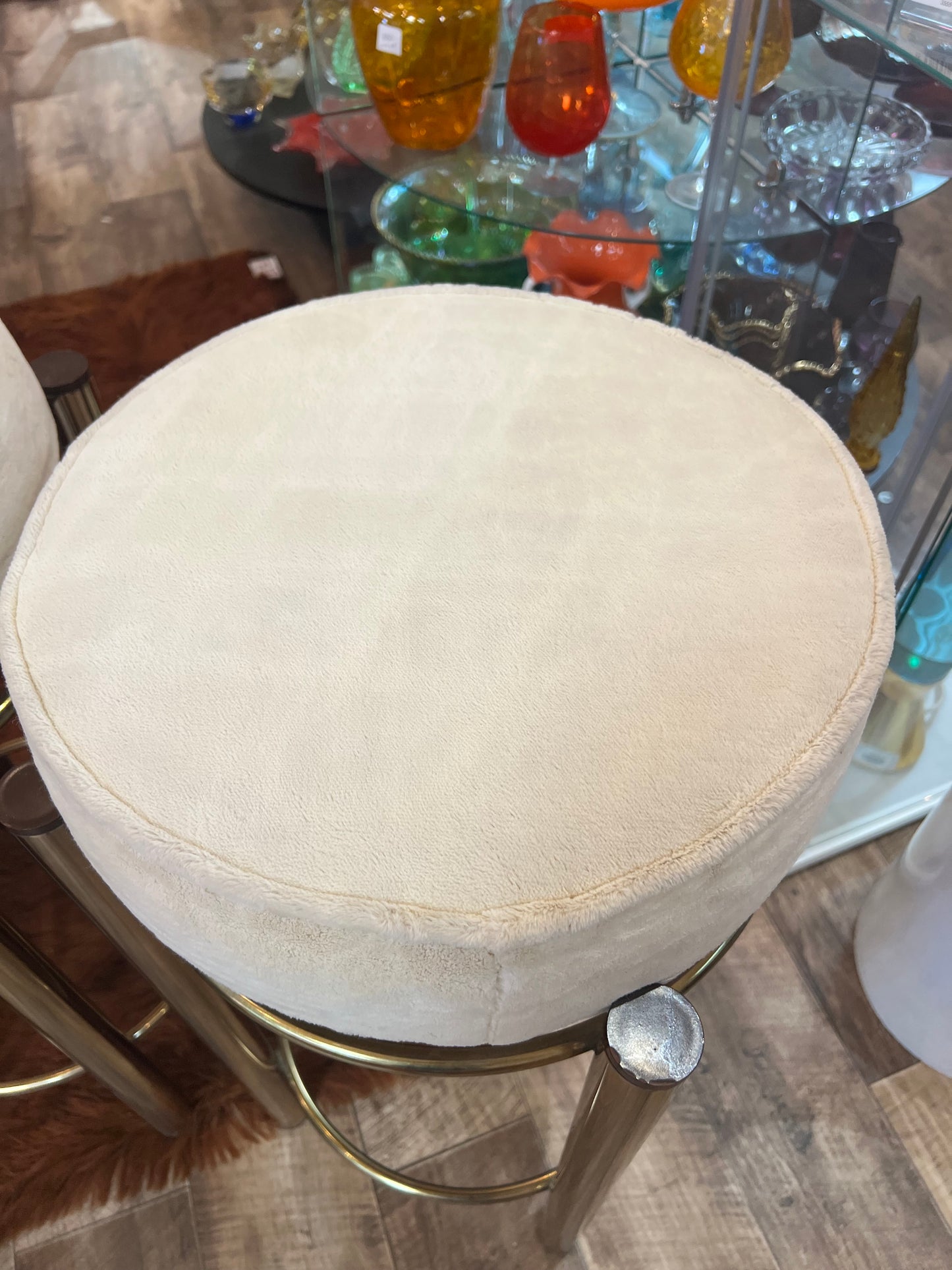 Pair of Vintage Brass Bar Stools with Cream Velvet Seats – Hollywood Regency Style