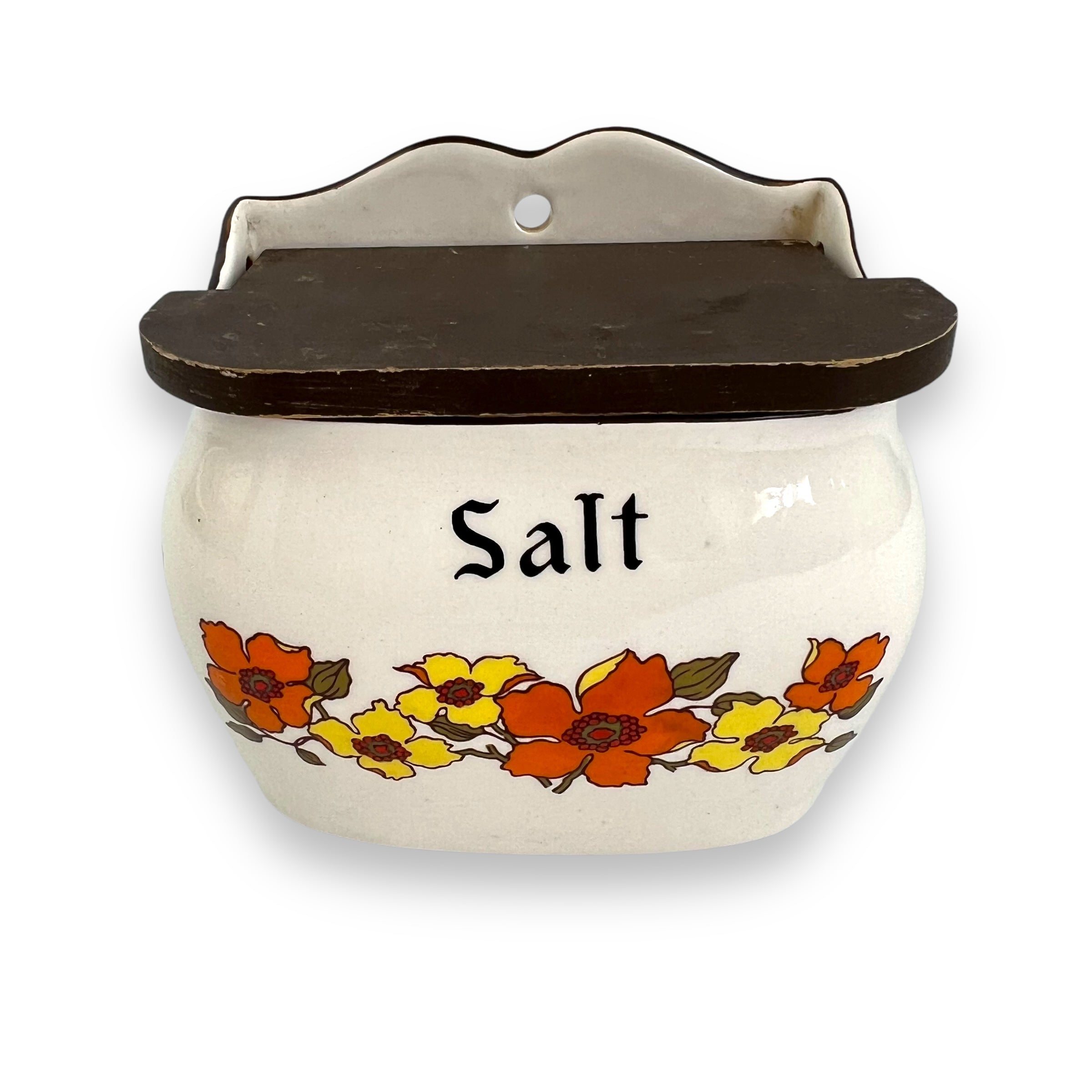 Salt Storage Container Wood lid orange and yellow flowers – Southside ...