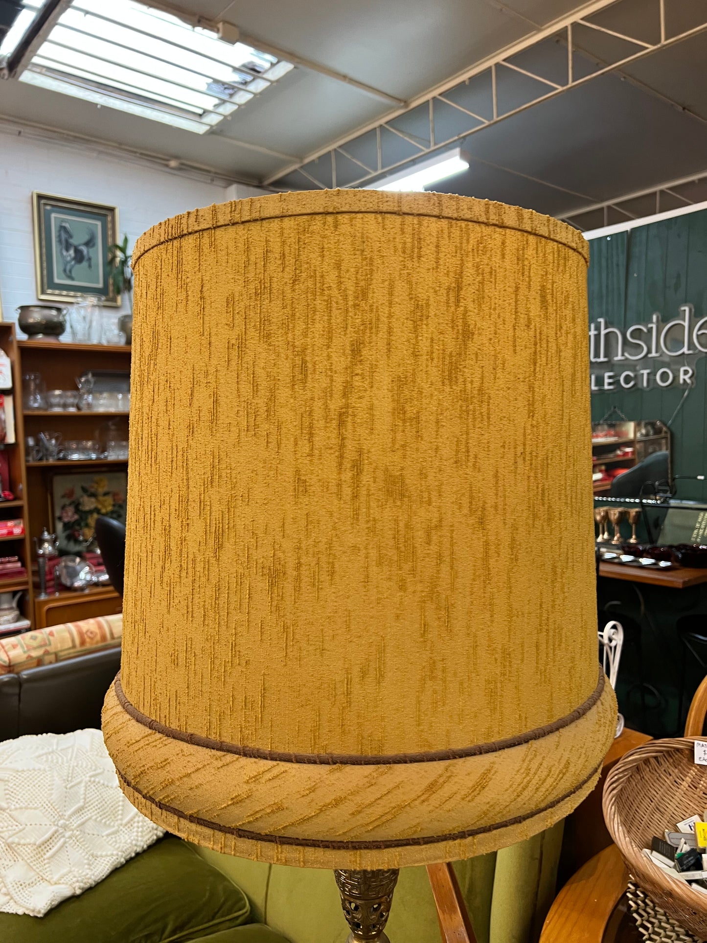 Ornate Brass Floor Lamp with Original Mustard Shade