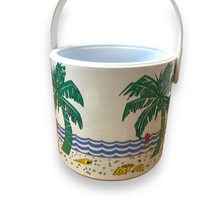 Beach Themed Ice Bucket with Tongs - Palm Trees and Ocean Design