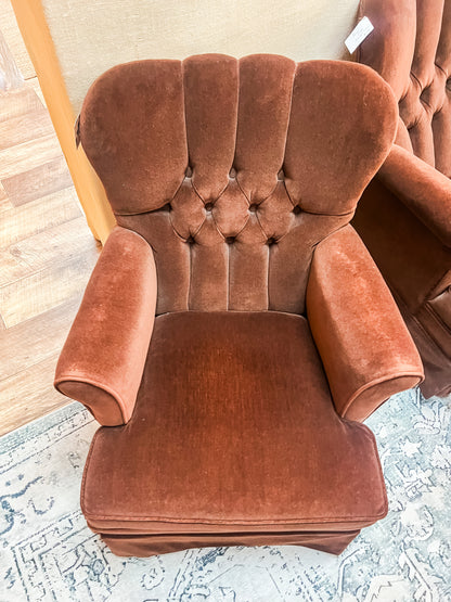 Brown Velvet Button-Back Armchair