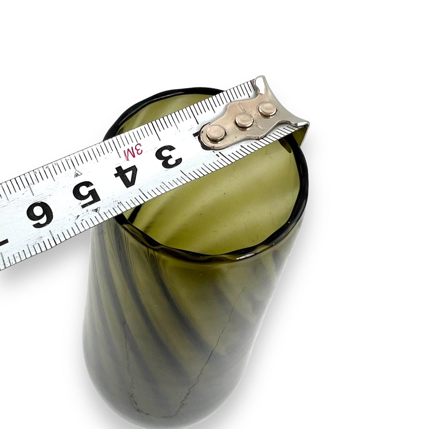 Olive green glass vase with clear glass twist stem