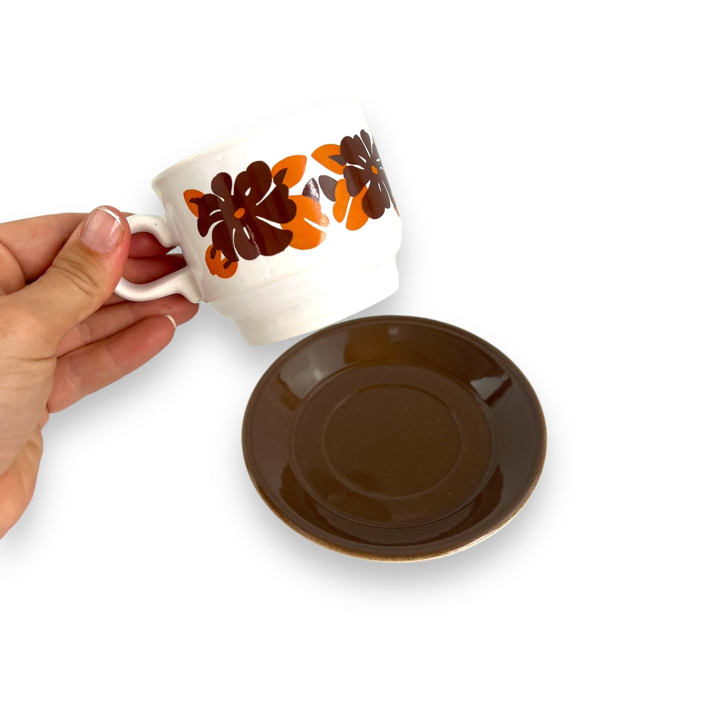 Staffordshire Potteries Orange & Brown Pattern cup and saucer set