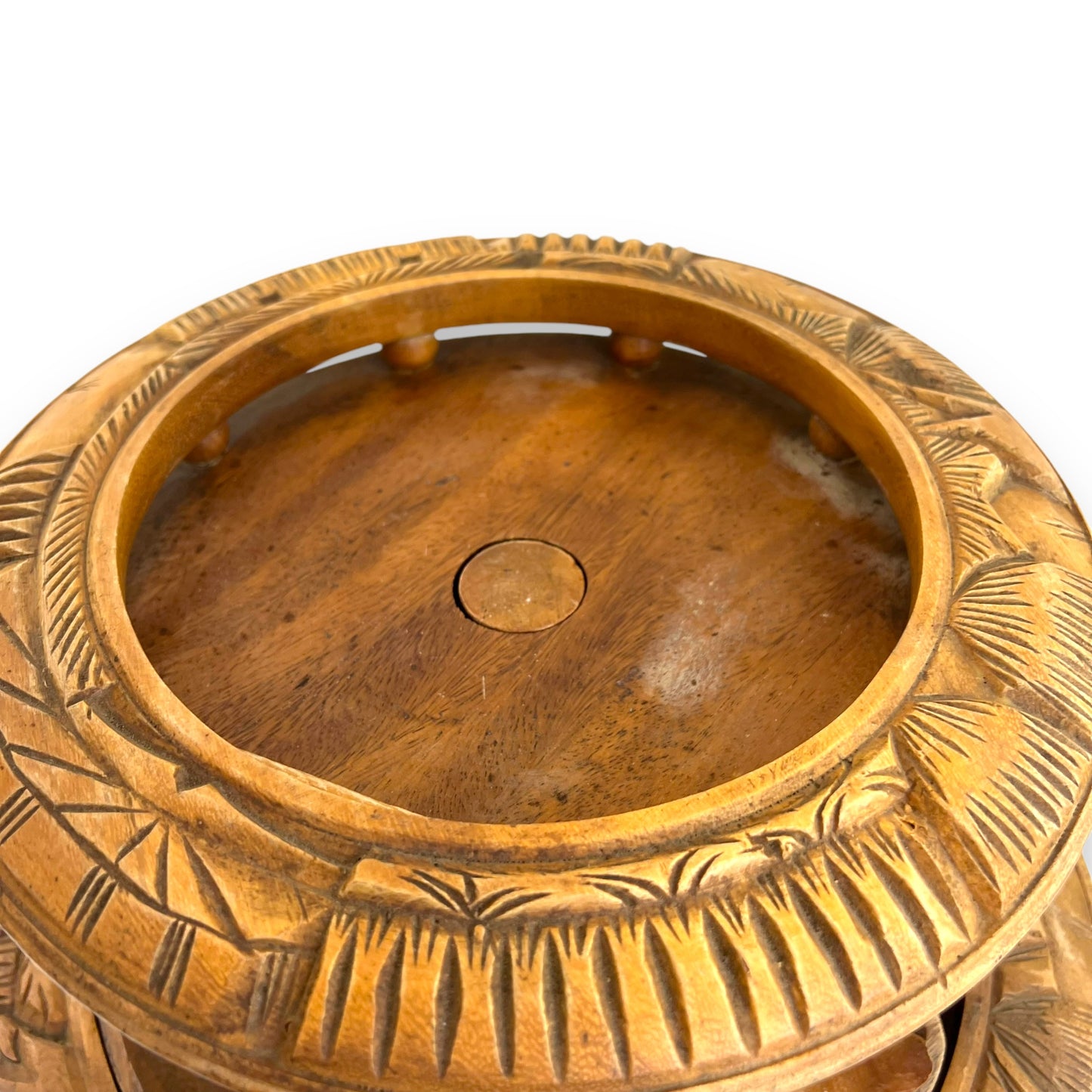 Wooden Tiki Monkey Pod Two Tier Lazy Susan Server