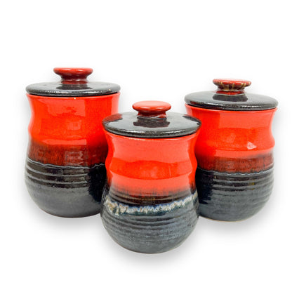 Mid Century Redish Orange & Black Glazed Kitchen Storage Jar Canisters with matching lids