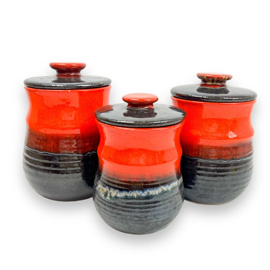 Mid Century Redish Orange & Black Glazed Kitchen Storage Jar Canisters with matching lids