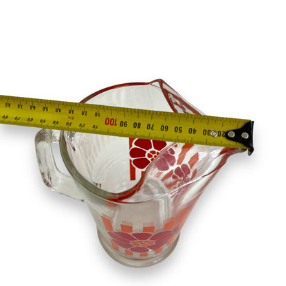 Glass Jug with Orange Stripes & Red Flower Decal – Retro 1970s Pitcher