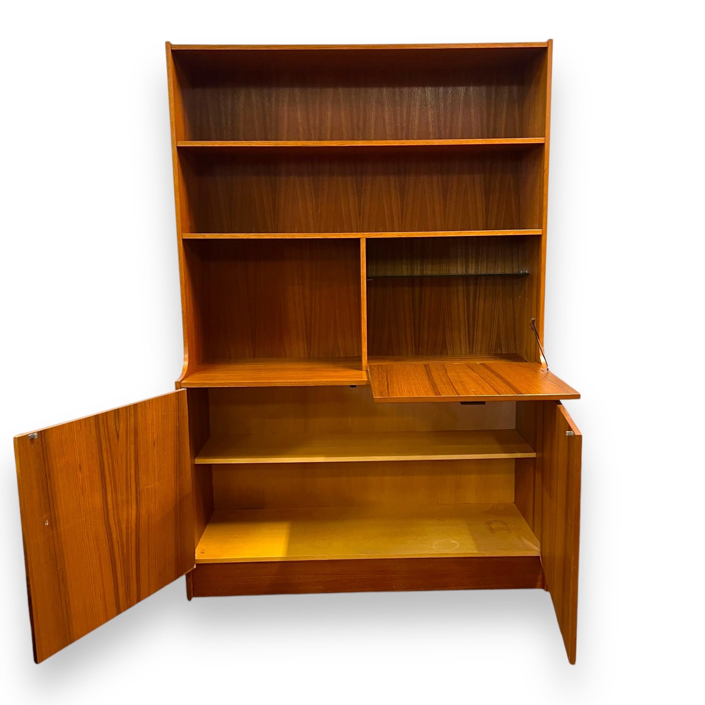 Mid-Century Teak Display Cabinet with pull down Bar section
